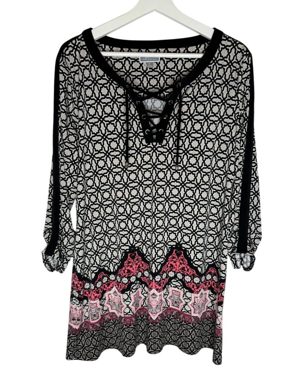 JM Collection Tunic Top Women's Large Black White Geometric Lace Up Blouse